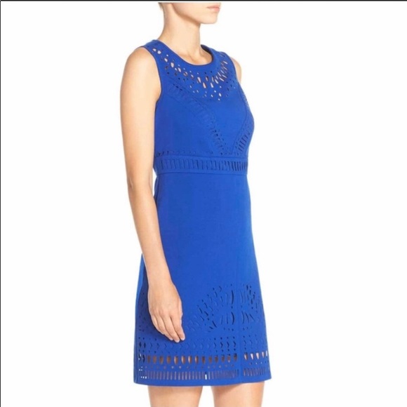 Eliza J Laser Cut Crepe Sleeveless Sheath Dress - Picture 2 of 5